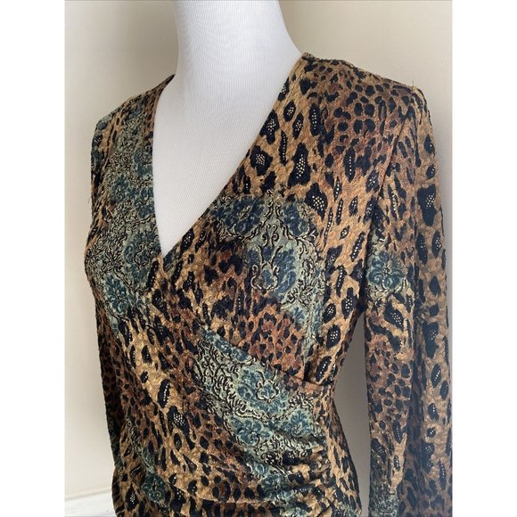 Vtg Ronni Nicole Top Women Large Brown Surplice V-neck Blouse Beaded Leopard Y2K - Picture 3 of 5